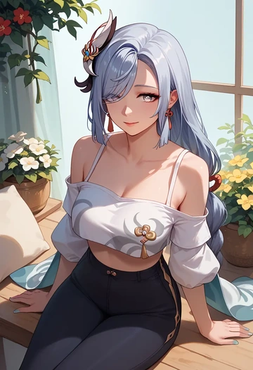 genshin impact,shenhe_(genshin_impact),off-shoulder top,dolphin shorts  - AI generated anime art