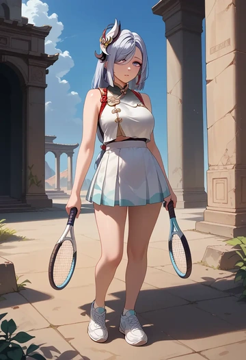 genshin impact,shenhe_(genshin_impact),tennis skirt  - AI generated anime art