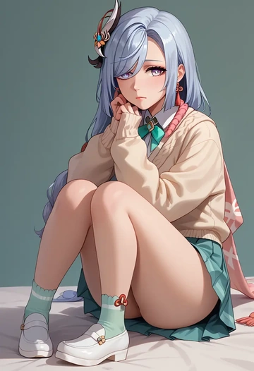 genshin impact,shenhe_(genshin_impact),spring,student uniform,light cardigan  - AI generated anime art