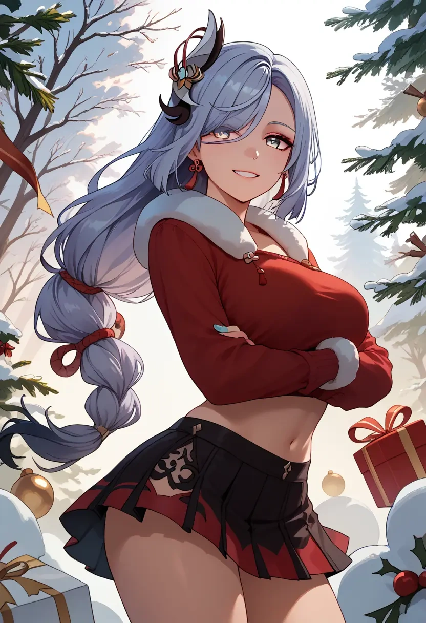 genshin impact,shenhe_(genshin_impact),Christmas,skirt  - 