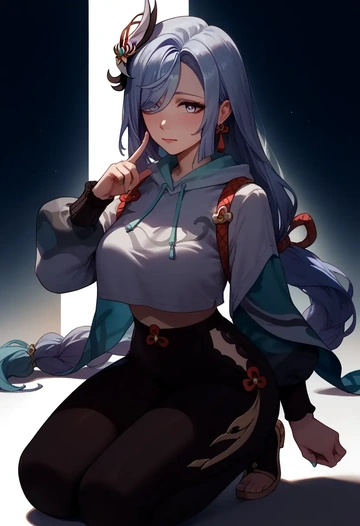 genshin impact,shenhe_(genshin_impact),hoodie,cropped,high-waisted joggers  - AI generated anime art