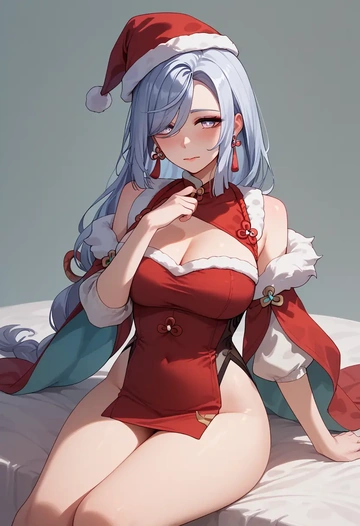 genshin impact,shenhe_(genshin_impact),Christmas,red velvet dress  - AI generated anime art