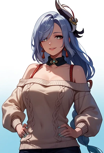 genshin impact,shenhe_(genshin_impact),sweater,off-shoulder,collar  - AI generated anime art