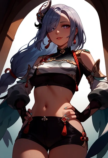 genshin impact,shenhe_(genshin_impact),leather,shorts,crop top  - AI generated anime art