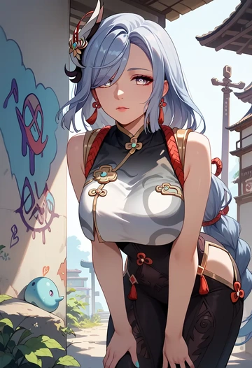 genshin impact,shenhe_(genshin_impact),patchwork graffiti top,dolphin shorts  - AI generated anime art