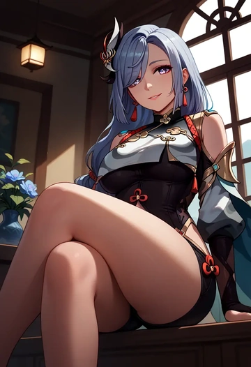 genshin impact,shenhe_(genshin_impact),leather,shorts  - AI generated anime art