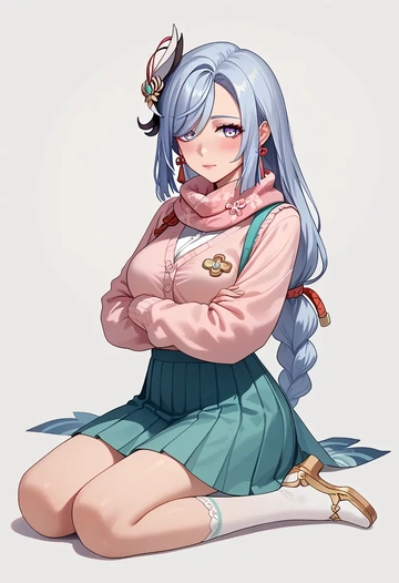 genshin impact,shenhe_(genshin_impact),spring,student uniform,light cardigan  - AI generated anime art