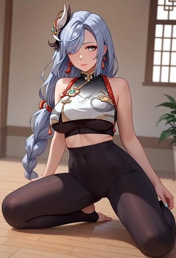 genshin impact,shenhe_(genshin_impact),leggings,yoga  - AI generated anime art