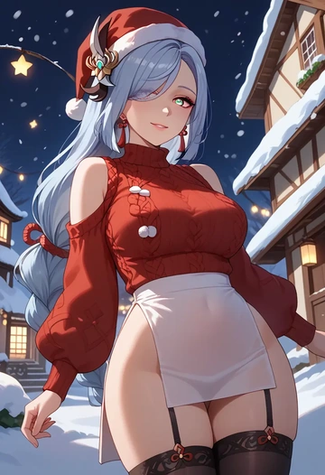 genshin impact,shenhe_(genshin_impact),sweater,stockings,Thigh garters  - AI generated anime art