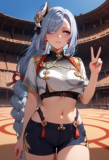 genshin impact,shenhe_(genshin_impact),jogger shorts,oversized tank  - AI generated anime art