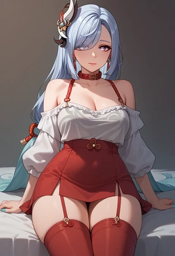 genshin impact,shenhe_(genshin_impact),collar,oversized,Thigh garters  - AI generated anime art