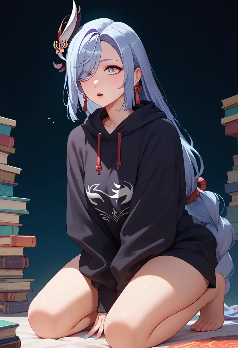 genshin impact,shenhe_(genshin_impact),oversized graphic hoodie,thigh-high socks,shorts  - 