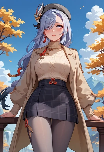 genshin impact,shenhe_(genshin_impact),winter,student uniform,pea coat  - AI generated anime art