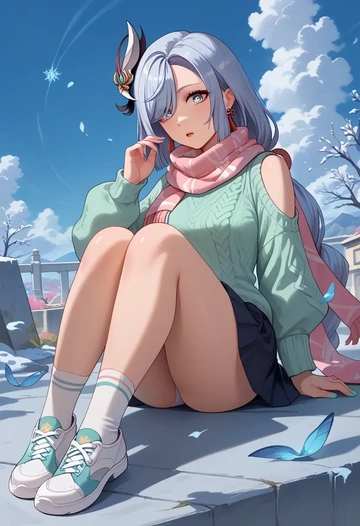 genshin impact,shenhe_(genshin_impact),spring,student uniform,knit sweater  - AI generated anime art