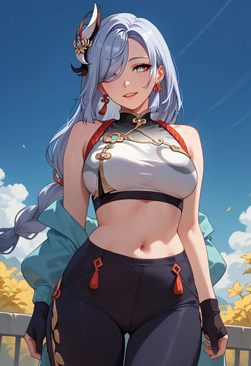 genshin impact,shenhe_(genshin_impact),tankini top,board shorts  - AI generated anime art