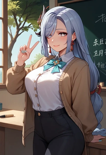 genshin impact,shenhe_(genshin_impact),teacher, sweater  - AI generated anime art