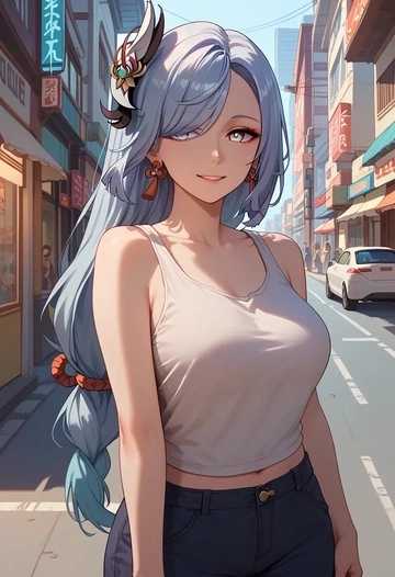 genshin impact,shenhe_(genshin_impact),tank top,drawstring pants  - AI generated anime art