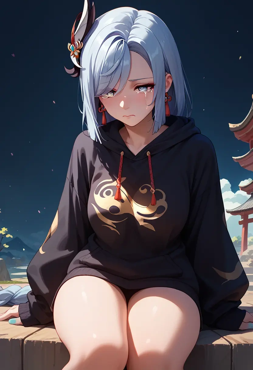 genshin impact,shenhe_(genshin_impact),oversized graphic hoodie,thigh-high socks,shorts  - 