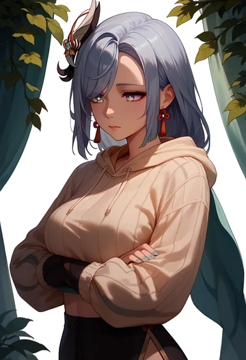 genshin impact,shenhe_(genshin_impact),hoodie,cropped,high-waisted joggers  - AI generated anime art