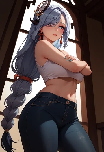 genshin impact,shenhe_(genshin_impact),crop top  - AI generated anime art