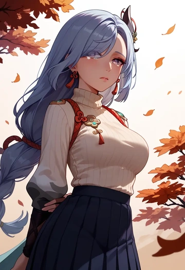 genshin impact,shenhe_(genshin_impact),skirt,pleated,turtleneck sweater  - AI generated anime art