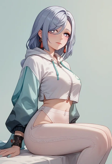 genshin impact,shenhe_(genshin_impact),hoodie,cropped,high-waisted joggers  - AI generated anime art