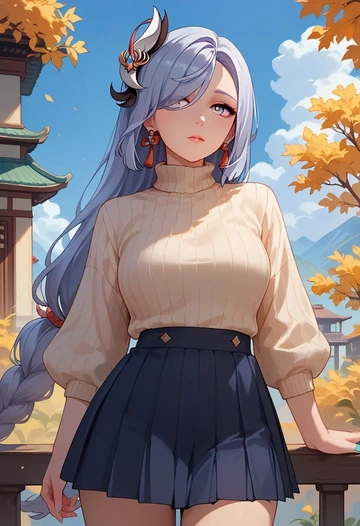 genshin impact,shenhe_(genshin_impact),skirt,pleated,turtleneck sweater  - AI generated anime art