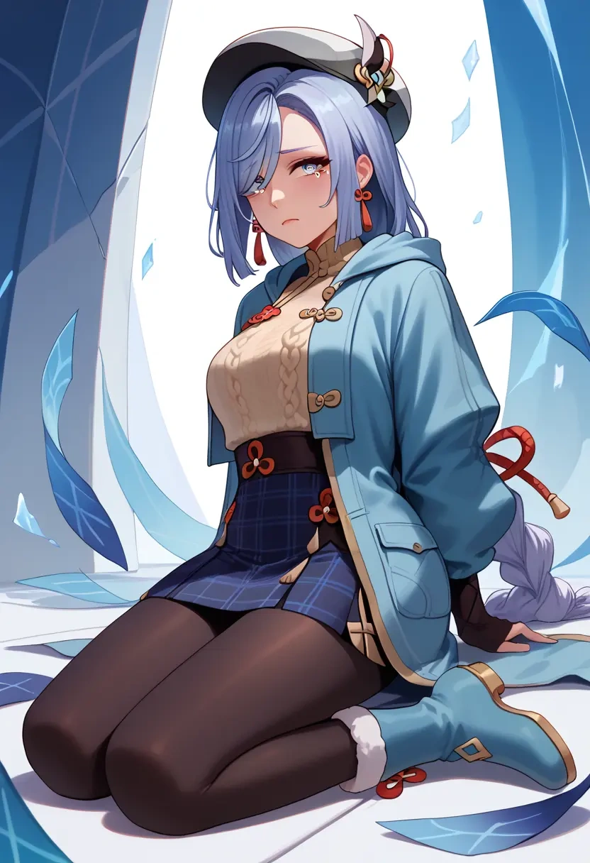 genshin impact,shenhe_(genshin_impact),winter,student uniform,hooded coat  - 