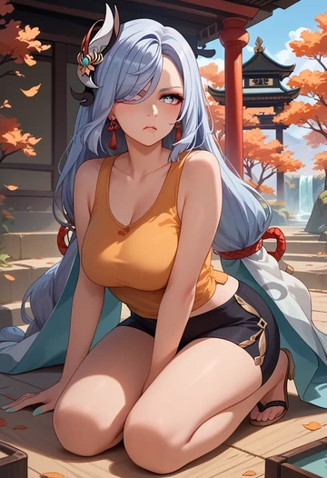 genshin impact,shenhe_(genshin_impact),tank top,mesh,cycling shorts  - AI generated anime art