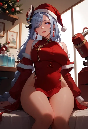 genshin impact,shenhe_(genshin_impact),Christmas,red velvet dress  - AI generated anime art