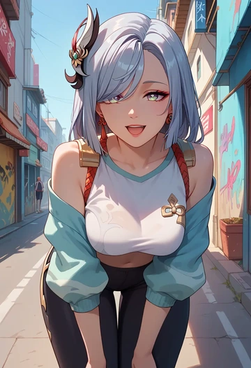 genshin impact,shenhe_(genshin_impact),cropped graffiti sweatshirt,dolphin shorts  - AI generated anime art