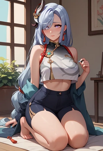 genshin impact,shenhe_(genshin_impact),crop top,loose joggers,headset  - AI generated anime art