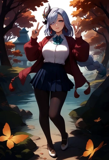 genshin impact,shenhe_(genshin_impact),winter,student uniform,cardigan  - AI generated anime art