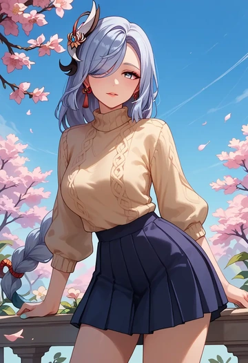 genshin impact,shenhe_(genshin_impact),sweater,cropped,pleated midi skirt  - AI generated anime art