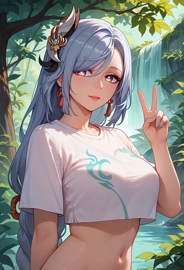 genshin impact,shenhe_(genshin_impact),crop graffiti tee,dolphin shorts  - AI generated anime art