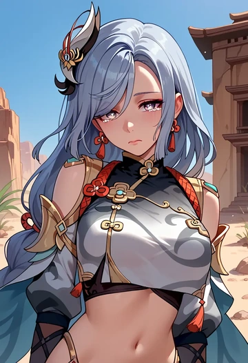 genshin impact,shenhe_(genshin_impact),off-shoulder top,dolphin shorts  - AI generated anime art