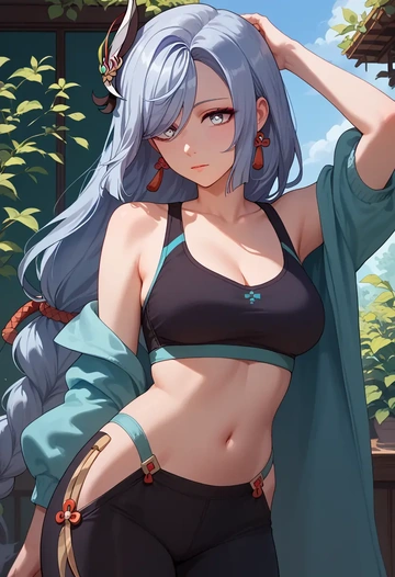 genshin impact,shenhe_(genshin_impact),sports bra,high-waisted leggings  - AI generated anime art