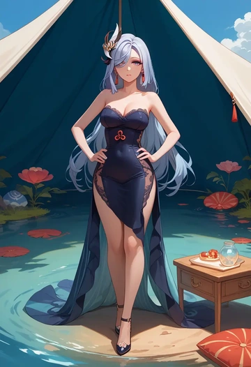 genshin impact,shenhe_(genshin_impact),gown,strapless,mermaid silhouette  - AI generated anime art