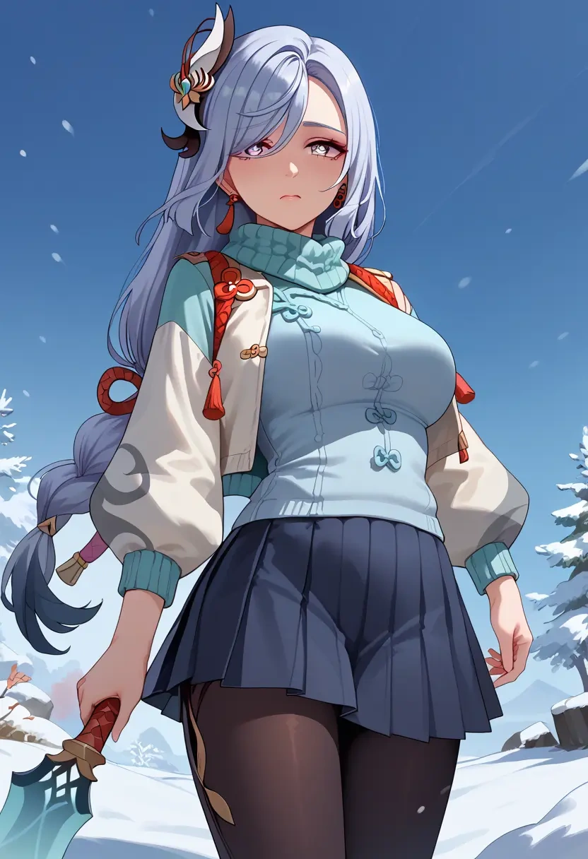 genshin impact,shenhe_(genshin_impact),winter,student uniform,puffer jacket  - 