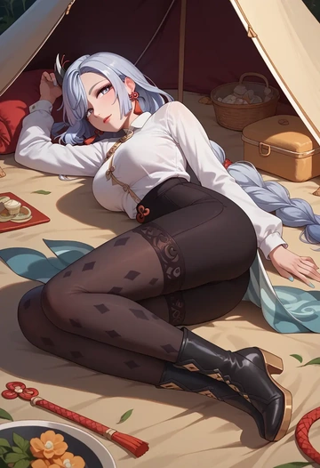 genshin impact,shenhe_(genshin_impact),shirt dress,belted,stockings  - AI generated anime art