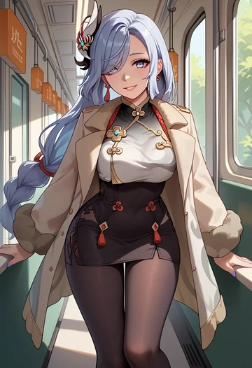 genshin impact,shenhe_(genshin_impact),coat,long,double-breasted,pencil skirt  - AI generated anime art