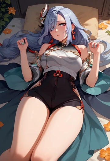 genshin impact,shenhe_(genshin_impact),jogger shorts,oversized tank  - AI generated anime art