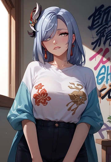 genshin impact,shenhe_(genshin_impact),oversized graffiti shirt,dolphin shorts  - AI generated anime art