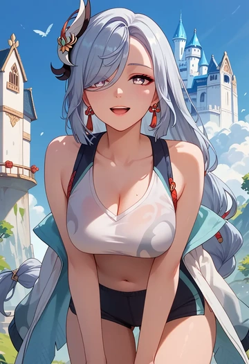 genshin impact,shenhe_(genshin_impact),tankini top,board shorts  - AI generated anime art