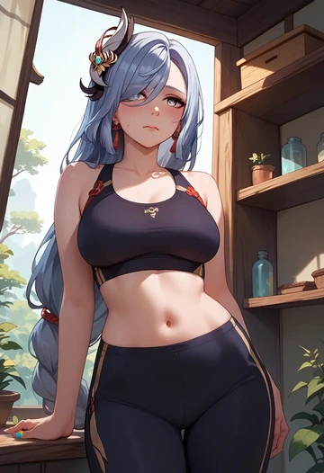 genshin impact,shenhe_(genshin_impact),sports bra,high-waisted leggings  - AI generated anime art