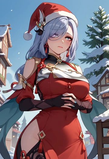 genshin impact,shenhe_(genshin_impact),Christmas,red velvet dress  - AI generated anime art