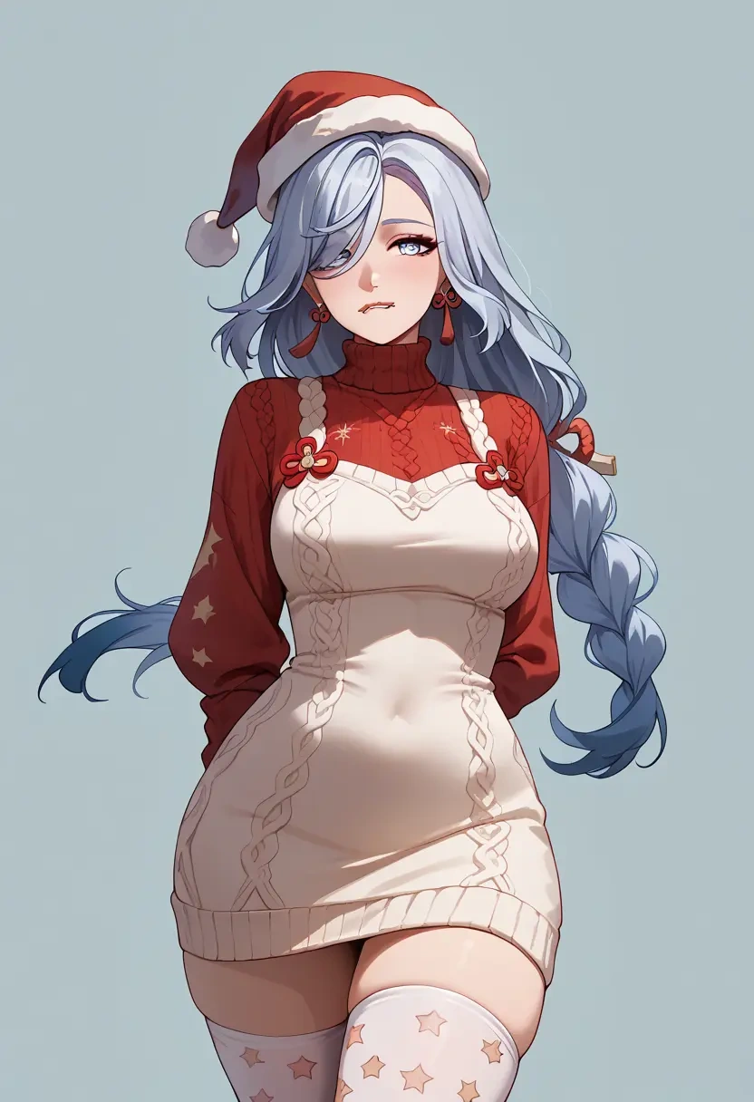 genshin impact,shenhe_(genshin_impact),Christmas,sweater dress,stockings  - 