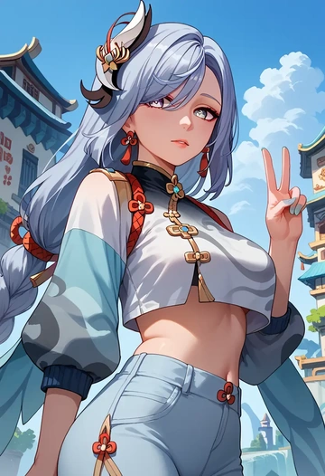 genshin impact,shenhe_(genshin_impact),cropped graffiti sweatshirt,dolphin shorts  - AI generated anime art