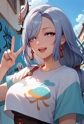 genshin impact,shenhe_(genshin_impact),cropped graffiti sweatshirt,dolphin shorts  - AI generated anime art