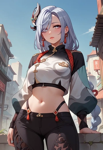 genshin impact,shenhe_(genshin_impact),crop hoodie,shorts  - AI generated anime art